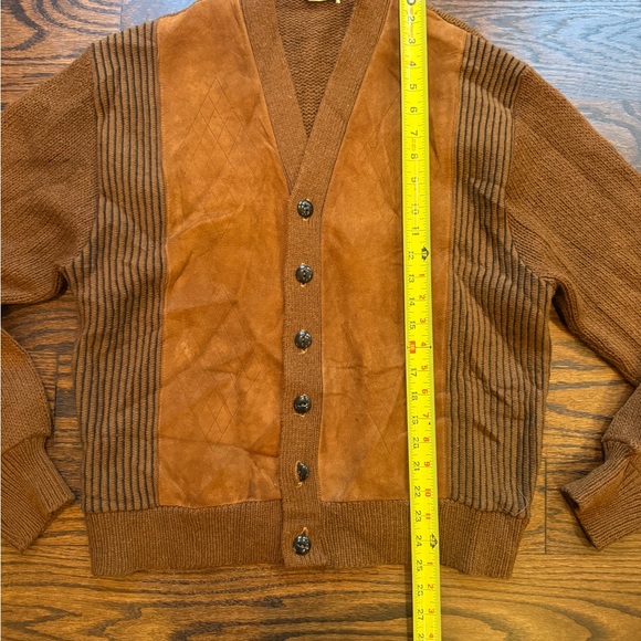60s Vintage Brown wool blend knit and faux Suede and Knit Men's cardigan Sweater - Picture 5 of 8